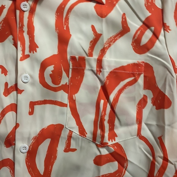 Romwe white and orange artistic splashes, short sleeved button-up shirt, size M - Picture 2 of 5